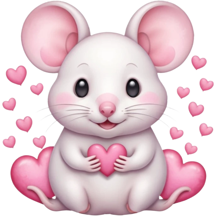 This is a cute watercolor illustration of a small, white cartoon mouse with large, round, pink-lined ears. The mouse has heart-shaped eyes, a small open mouth, and is surrounded by floating pink hearts, conveying a feeling of love, adoration, or strong affection. emoji