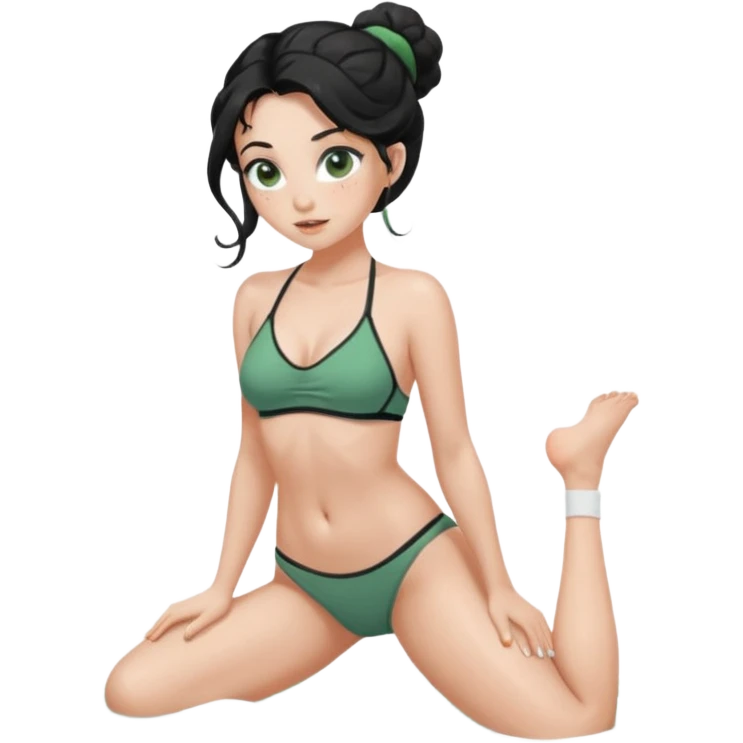 Fullbody nude very beautiful white young woman very beautiful face with freckles, green almond eyes long lashes, wavy  black hair in a bun i big boobs, big ass, sexy body,  bending over, getting ready for sex, realistic, big ass, busty but skinny, white socks on, and gray bikini but rest nude emoji