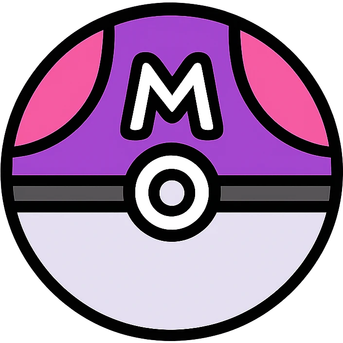 Minimalist icon of a Master Ball, flat design, purple and pink color scheme, white 'M' on top, transparent background emoji