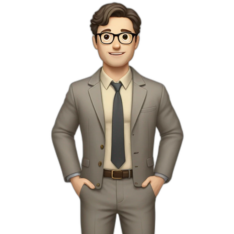 Full height Pale skinned Fit Man With dark brown hair in gray jacket, beige office shirt, tie, Brown pants and vintage glasses. Thrumbs of his palms directed up emoji