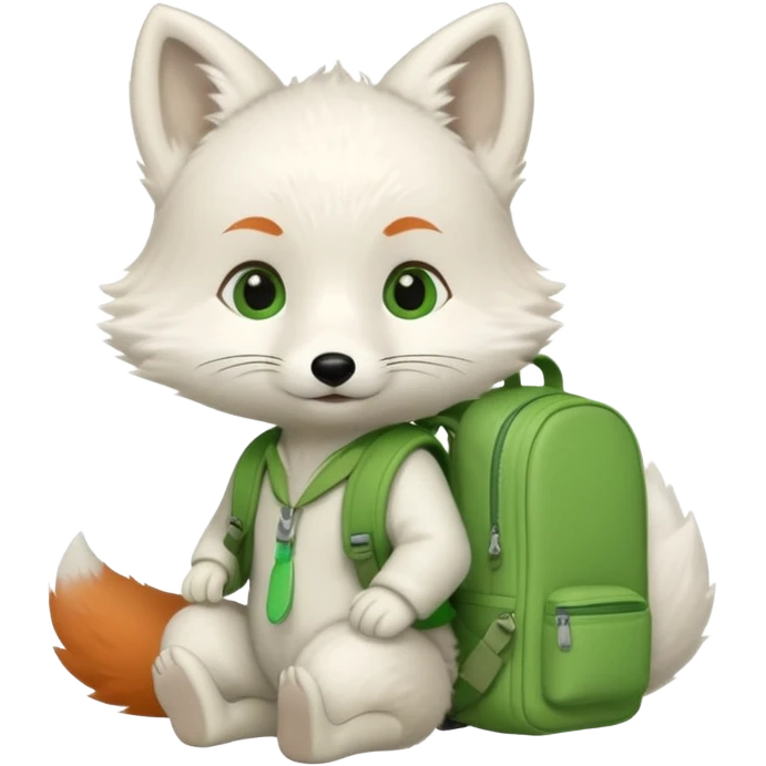 baby white fox wear green backpack emoji