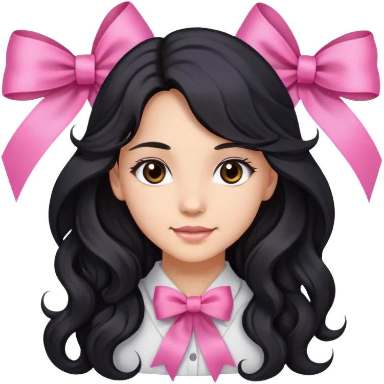 Beautiful girl with long wavy black hair, brown eyes, light skin, slight smile, and pink ribbon in hair emoji