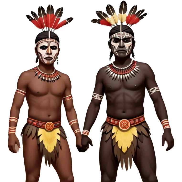Cinematic Realistic scene of two indigenous male aboriginals performing an Aboriginal Corroboree, adorned in traditional body paint, A corroboree is an Australian Aboriginal ceremonial meeting. It usually includes celebration of Aboriginal mythology and spirituality, which is based in the Dreaming emoji