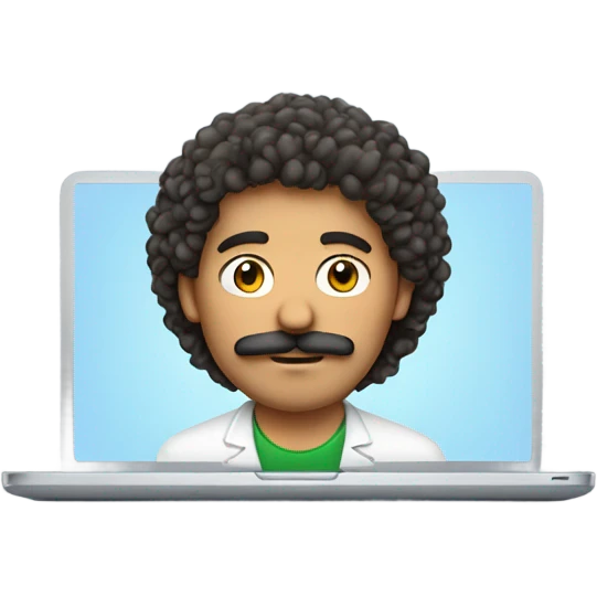 no glasses, Mexican school IT technician with apple laptop and with curly hair and mustache and beard  emoji