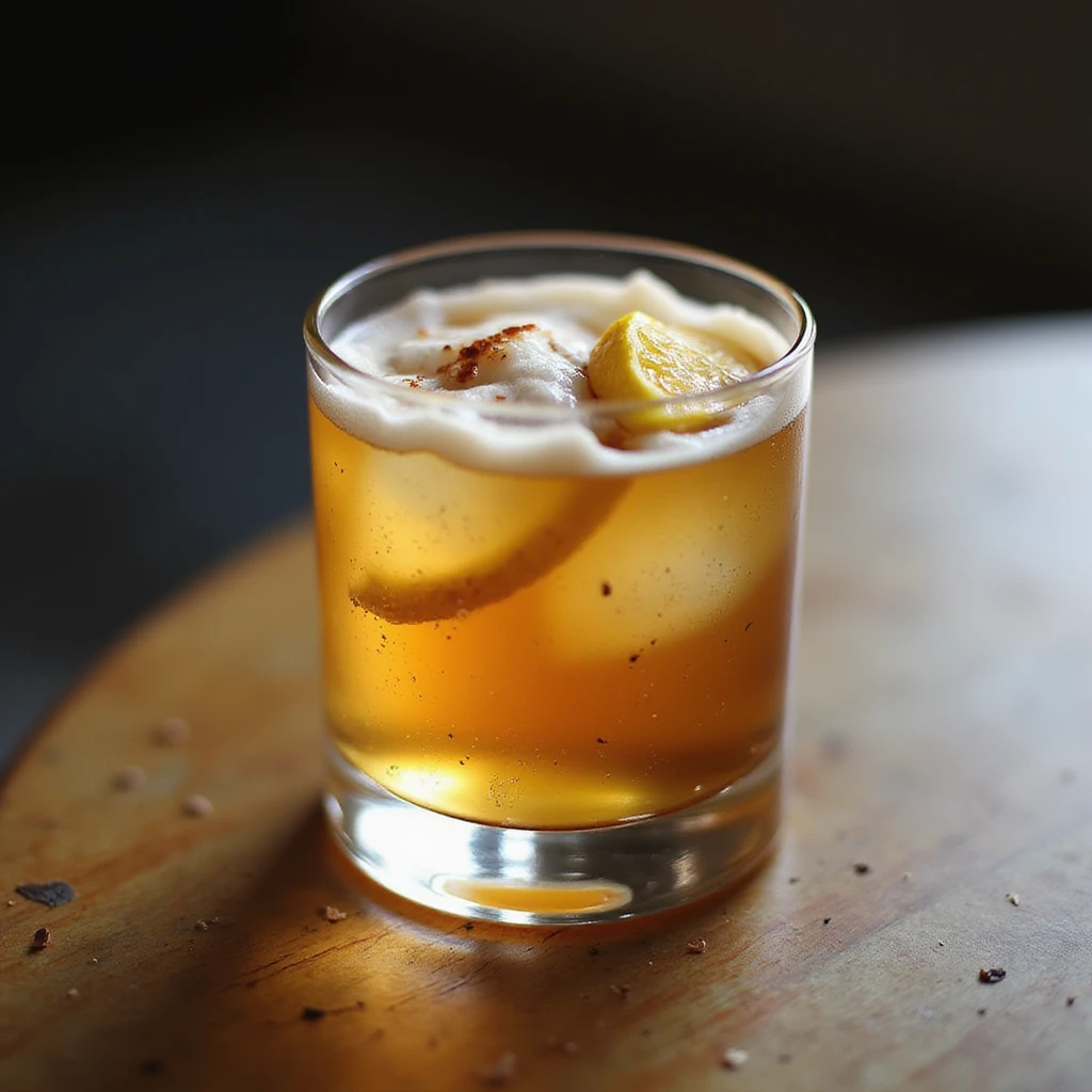 realistic whiskey sour cocktail in rocks glass with lemon slice and frothy top, photorealistic style emoji