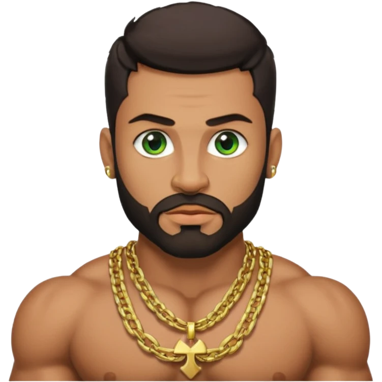 green eyes, dark short hair, muscular shoulders, wide cross, gold chain, big lips big nose big eyes, masculine good looking, dark beard emoji