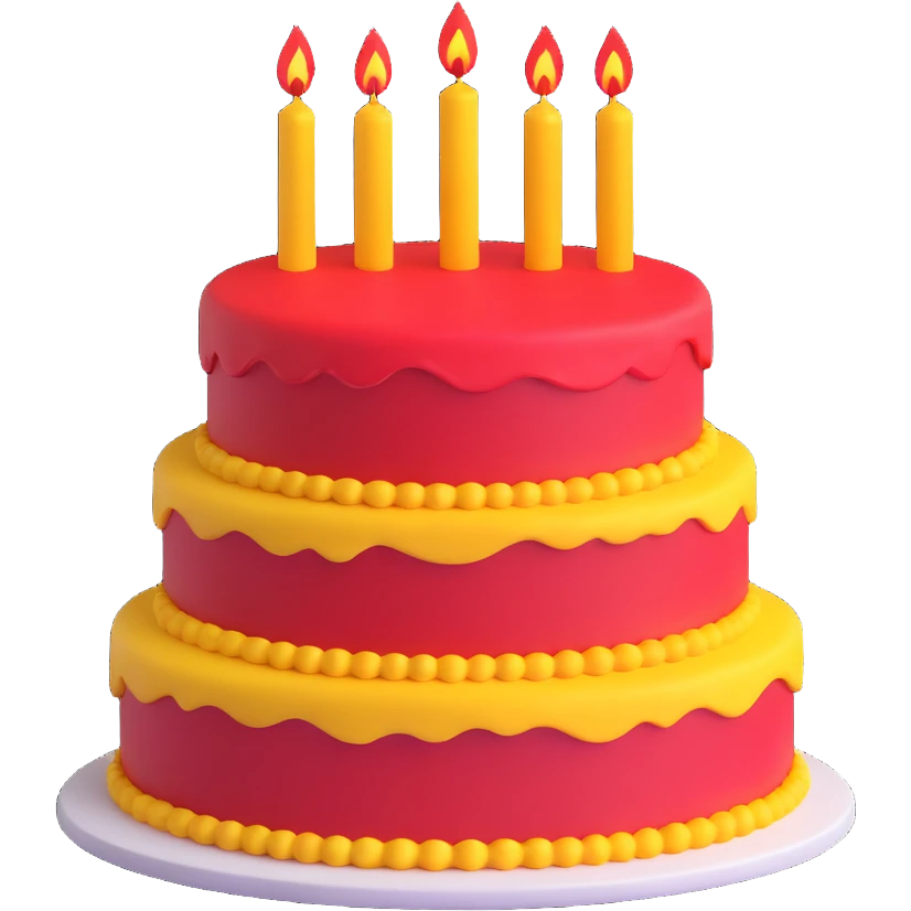 large red and yellow birthday cake with three candles, 3D style, no background emoji
