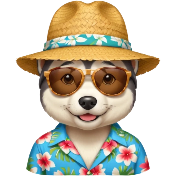 hasky with sunglasses and straw hat, hawaii shirt emoji