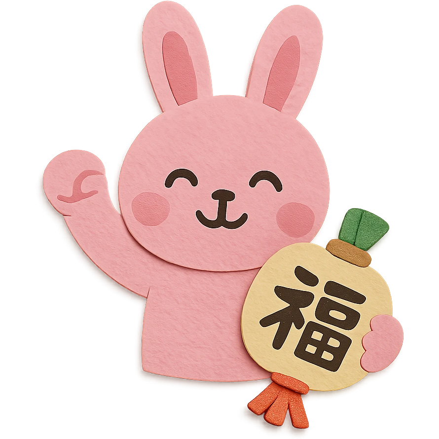 pink bunny holding lucky charm and pumping fist, paper-craft style emoji