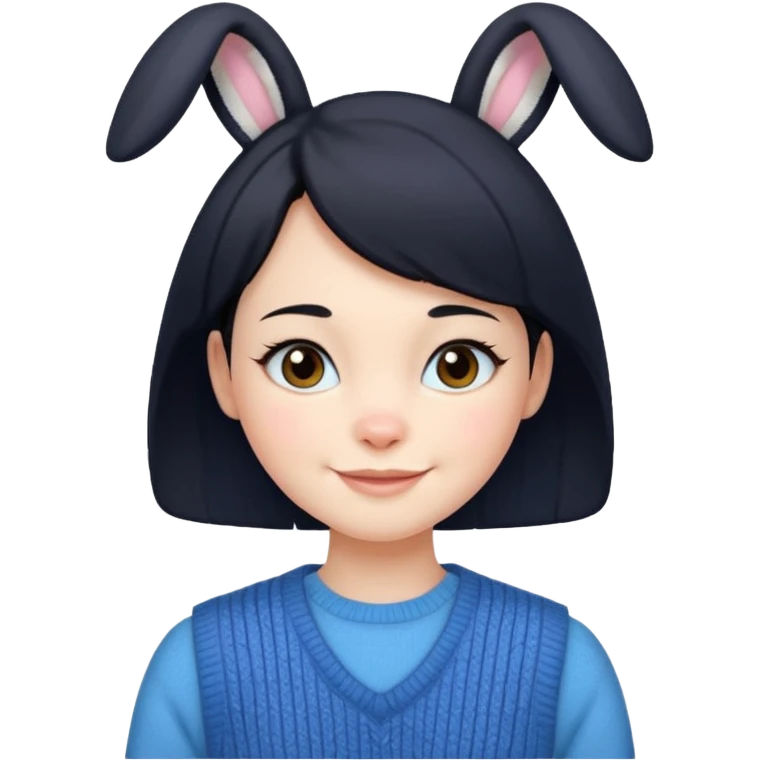 make a girl hair short black and wear bunny skin pale ok and wear Sweater vests blue and make little bit a younger emoji