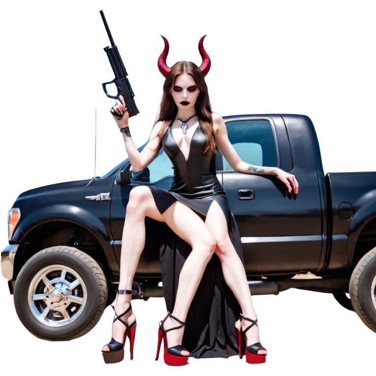 Lilith model red eye sexy black  devil horns.  long brown haired sexy succubus woman with leather long dress slit, sitting on big Large F350 pickup truck. Black Platform high heels on feet. Tattoo sleeve arms, dead human skull of her ex skull is on top of stack of cash and a gun in  hand emoji