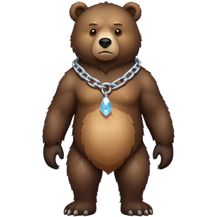 Very dark brown bear in full body view on all four legs, highly realistic fur texture, serious expression, full-length view with ice chain around neck emoji