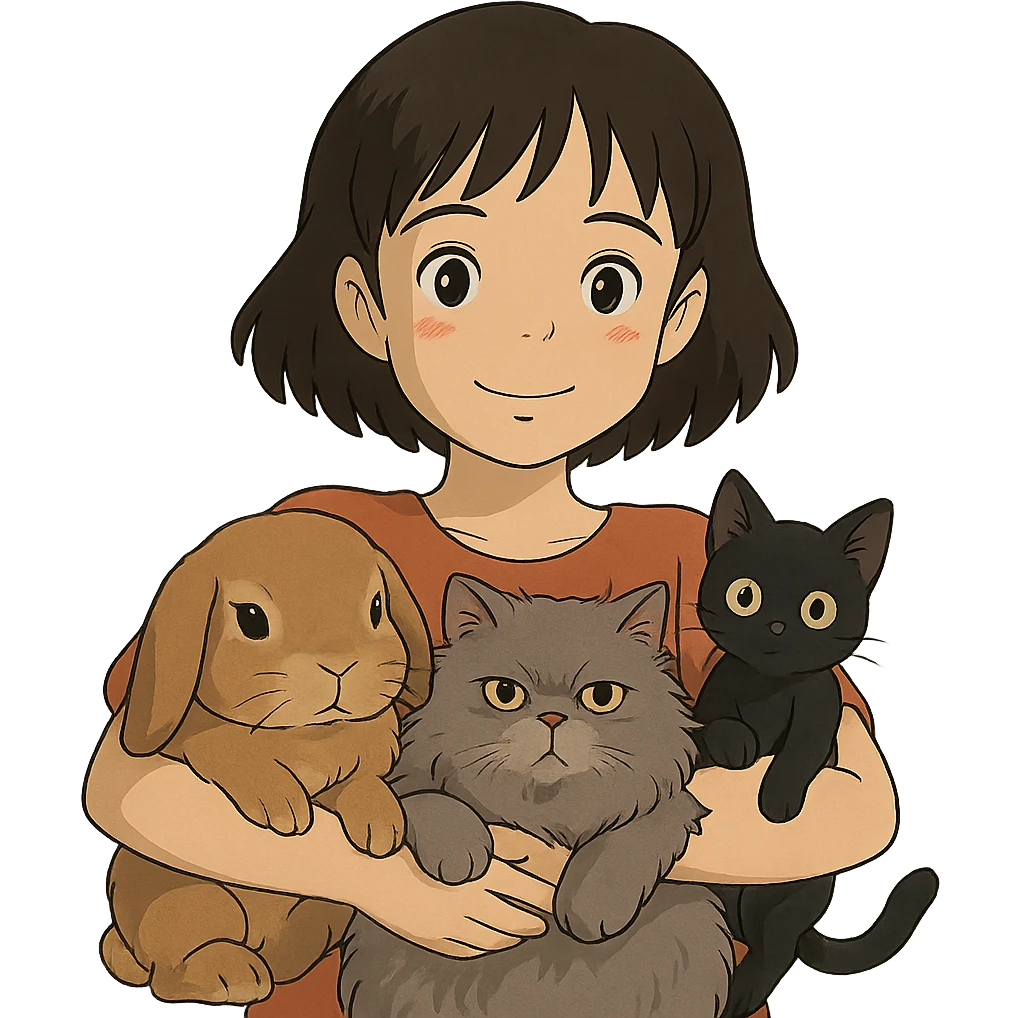 brunette chinita girl holding a brown holland lop rabbit, gray persian cat, and black kitten in ghibli style emoji