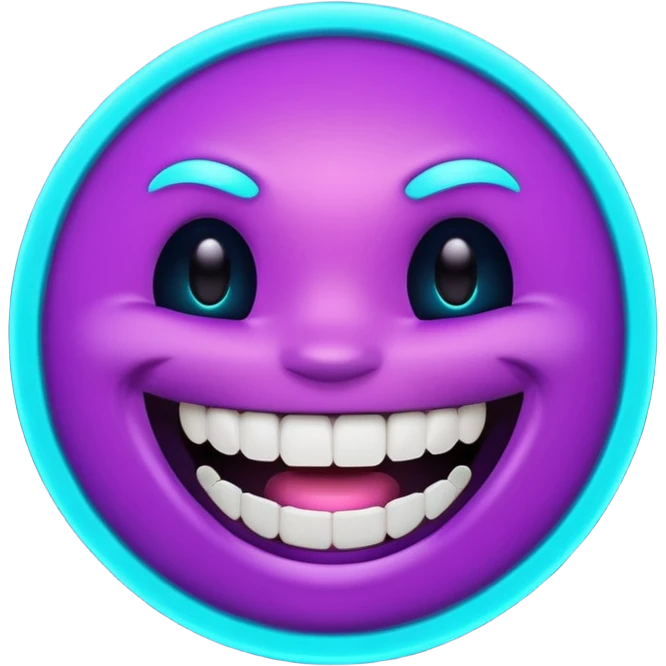 futuristic glowing emoji face laughing wide with glowing teeth, purple and cyan neon light, dark background emoji