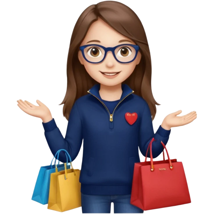 A little girl (he usually calls her baby), who is obsessed with shopping and luxury brands and holds a dozen of bags, she wears navy blue half zip sweater and holds 10 bags and she has long brown hair with Prada eyeglasses. The previous one but with eyeglasses  emoji