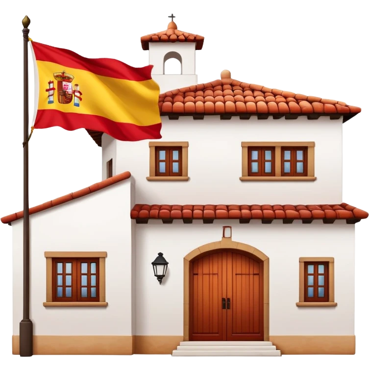 Traditional Spanish hacienda with white walls, terracotta roof, with Spanish flag (red-yellow-red horizontal stripes) hanging prominently from the front emoji