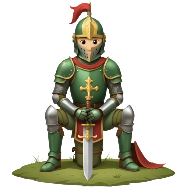 A lone medieval knight in a green worn armor kneels. His helmet is closed, hiding his face, conveying silence, exhaustion and contemplation. A long sword is planted in the ground beside him, its hilt resting near his gloved hands as if he is praying or resting after battle. emoji