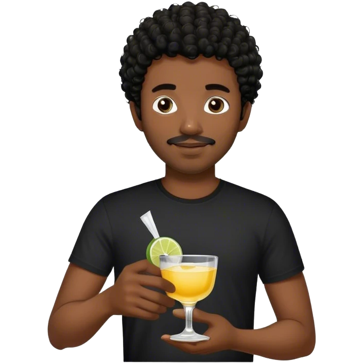 dark black guy, short black curly hair, short facial hair, holding tequila, black shirt  emoji