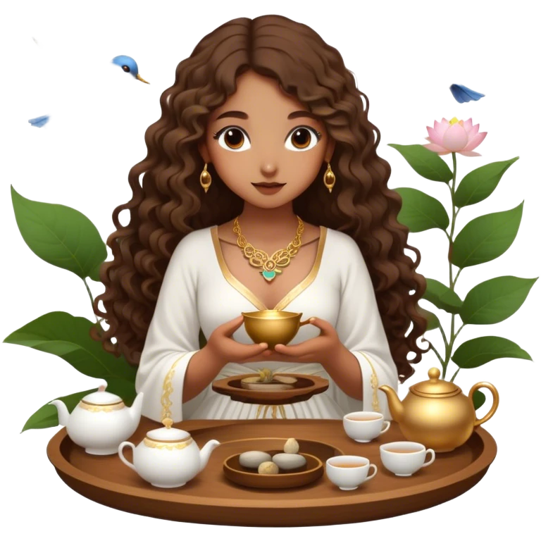 Light brown skin girl, long curly brown flat hair, gold jewelry, white dress, feeding birds with wooden tea ceremony tray with lotus flower emoji