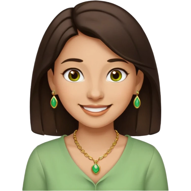 cheerful young woman emoji with dark brown hair, brown eyes, nose piercing, smiling, wearing green and cream blouse and gold necklace, expressing relaxed happiness emoji