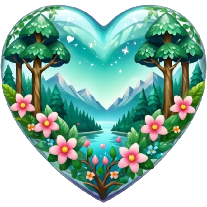 crystal heart with forest inside and floral decoration around emoji