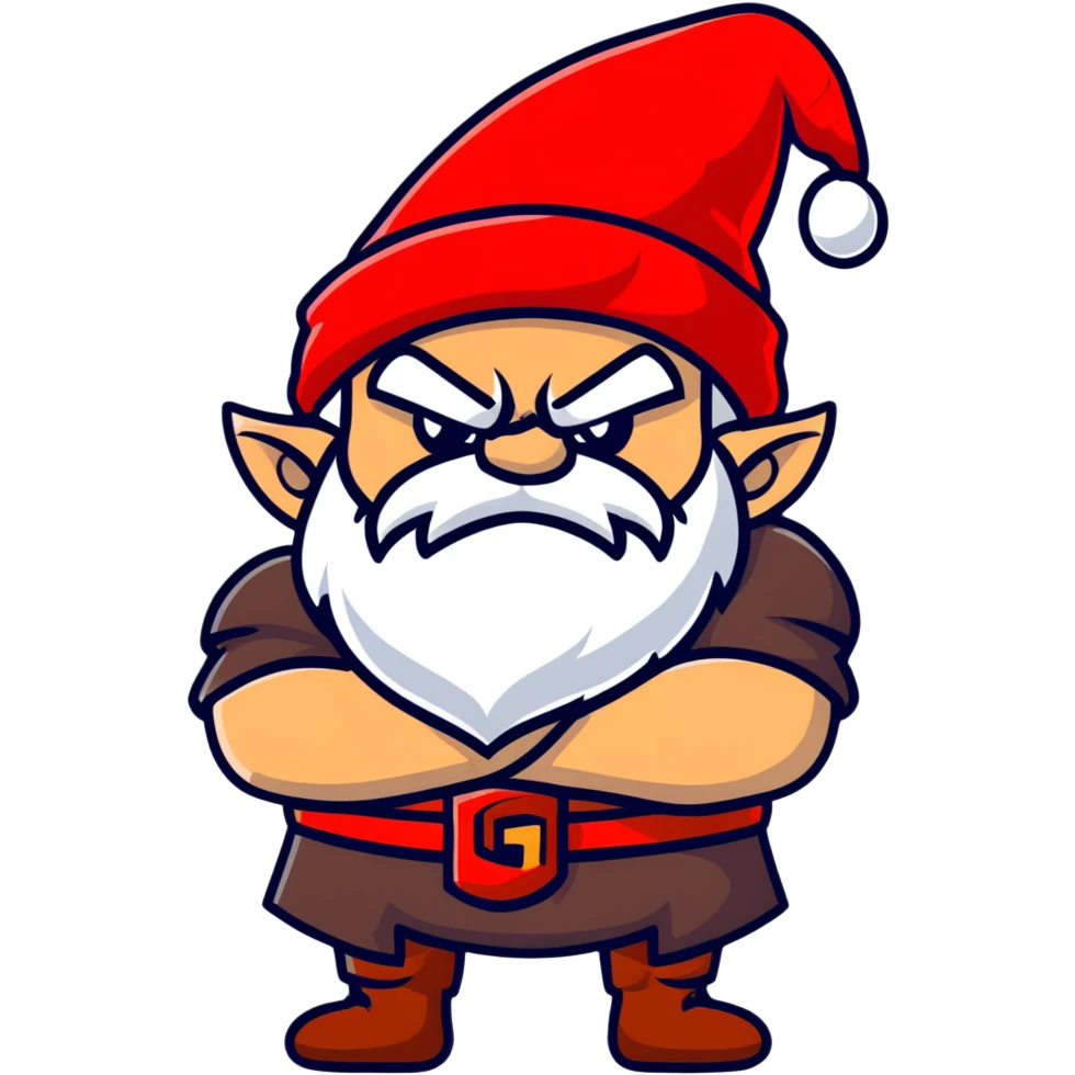 Grumpy dwarf character with angry expression, white beard, red hat, and arms crossed emoji