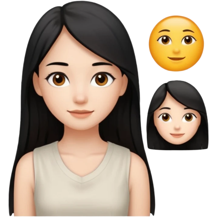 A young woman with long, straight and black hair, split in the center. She has brown eyes, natural makeup and a calm smile. He's wearing a white sleeveless blouse and is in front of him. emoji