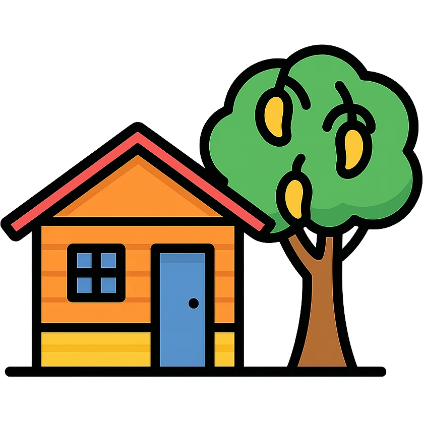 mango wood house from barrio with mango tree emoji