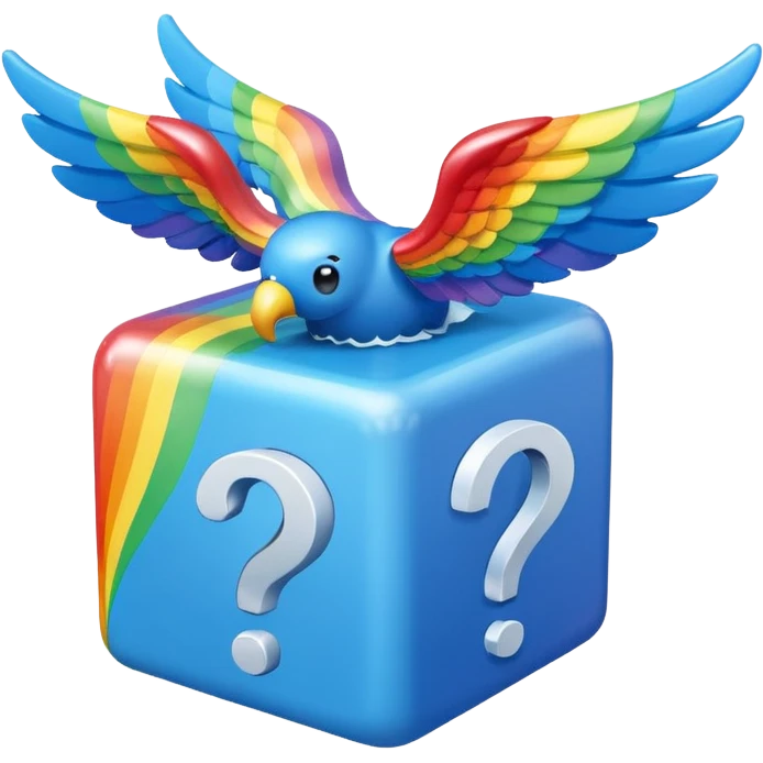 Blue cube with blue wings and has a rainbow question mark emoji