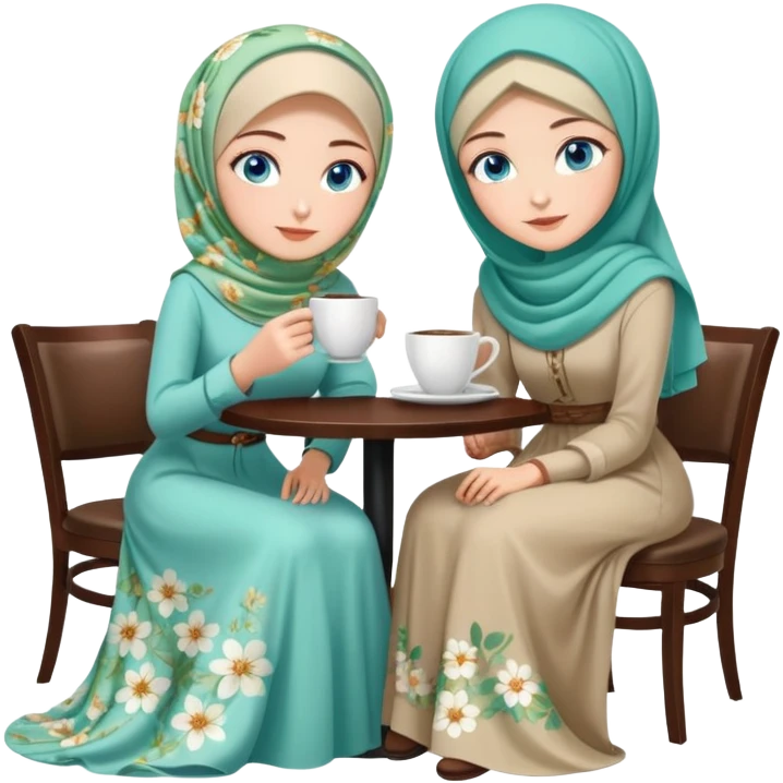Turkish beautiful finish Konya girls blue eyes with Beautiful light green floral hijab long tail dress and the two friends in a white lovely coffeehouse sits on the chair on the ground and holds cup coffe with her hand  emoji