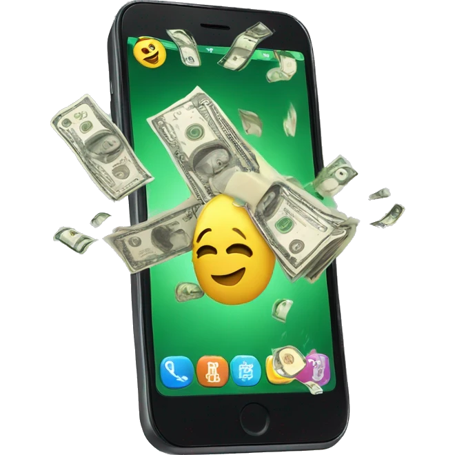 phone with cash bursting out of the screen, screen filled with cash emoji