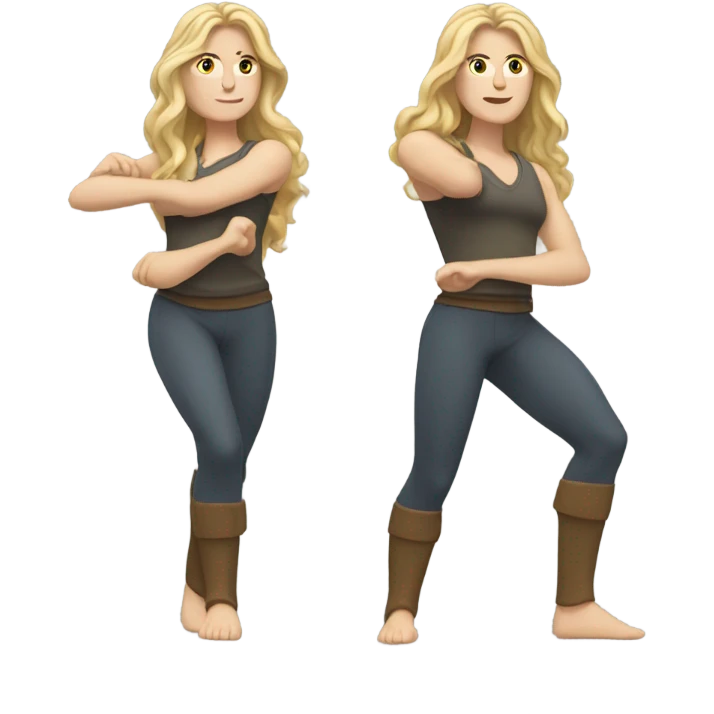 White woman, long hair, blonde hair, wavy hair, warrior 2 pose emoji