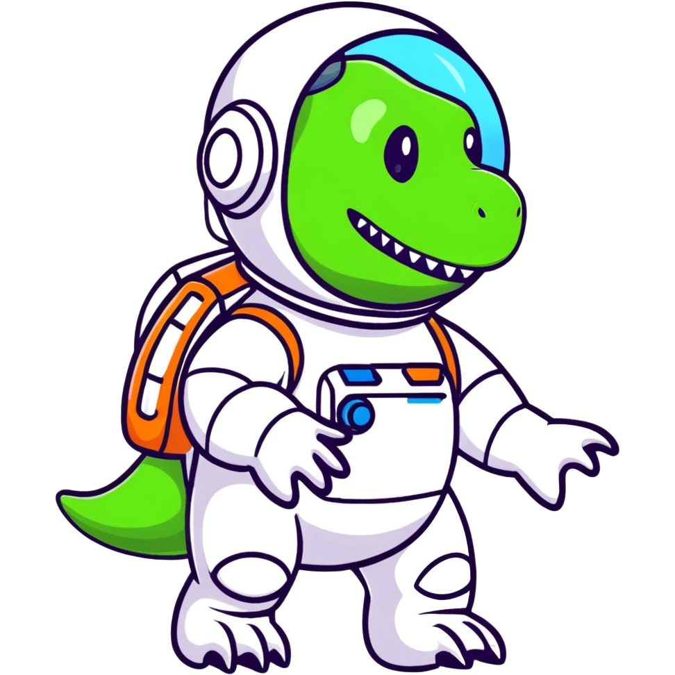 cartoon sticker of a t-rex astronaut waving, stars in background emoji