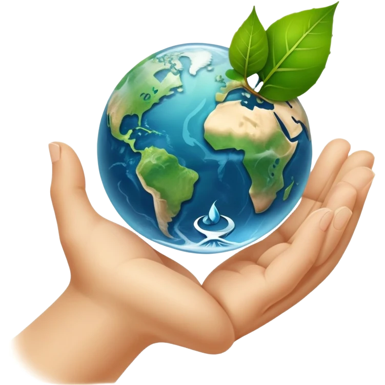 An icon featuring a green leaf, Earth held in hands, and a recycling symbol, symbolizing ecology. The design includes trees, clean water, and animals, representing environmental protection, sustainability, and ecosystems. Transparent background highlights the science of nature and conservation. emoji