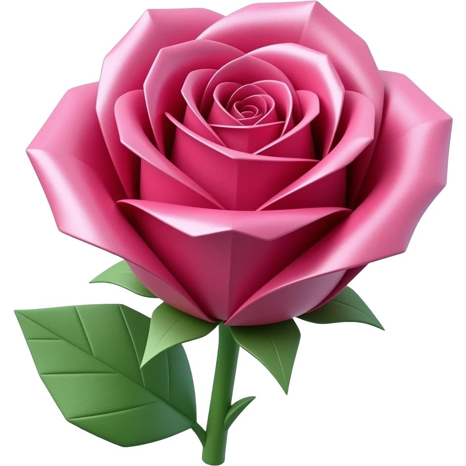 Realistic mirco-detailed, stunning large size fuchsia pink Origami Beautiful rose, with  slight opalescent glimmer, one deep shiny green Origami paper leaves, isolated 3D render, 4k hd professional printing quailty, 600 dpi. 3000x3000 pixels. No emoji icons no emoji faces emoji