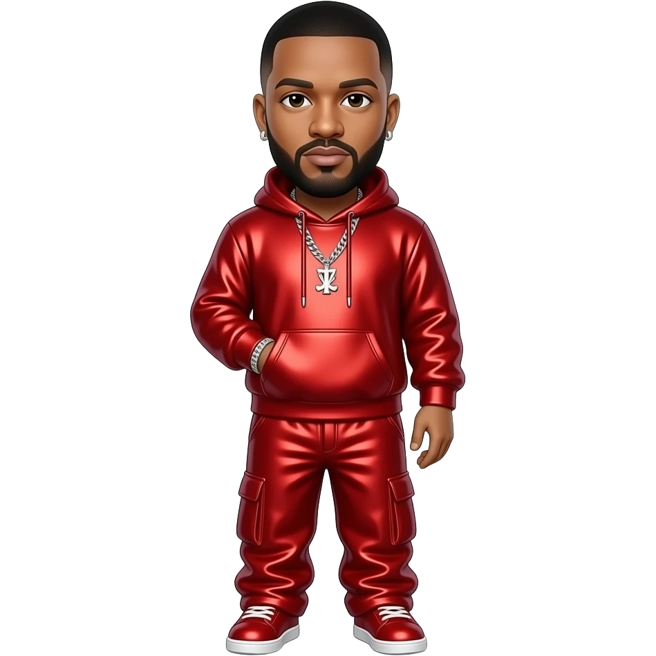 DJ Khaled with dark brown eyes, black hair, red metallic sweatshirt, red metallic baggy pants, silver necklace and earrings emoji