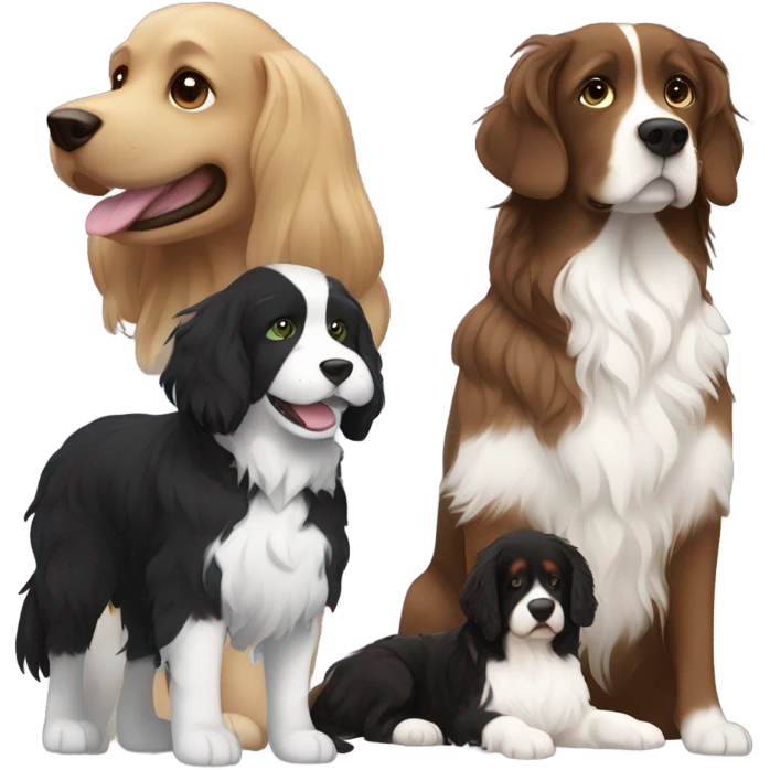 Girl with brown hair and green brown eyes next to a black golden retriever and épagneul breton black and White  emoji