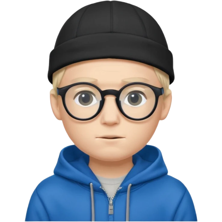 a shy boy wearing thick black glasses (nerd) and hide all his hair under a blue cap, wearing a normal hoodie (ios memoji) emoji