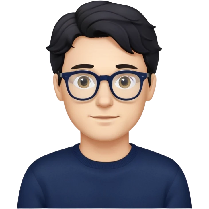 Caucasian male with wavy black hair wearing eyeglasses and a dark navy blue long sleeve pullover sweater emoji
