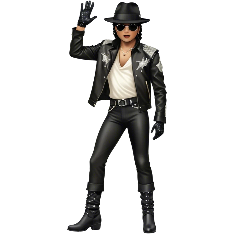 Icon for R&B Music: Michael Jackson on stage in full body, wearing his iconic concert costume—black leather jacket, sequined glove, fedora, and boots. He strikes a powerful pose, embodying the energy of R&B music. Transparent background. emoji