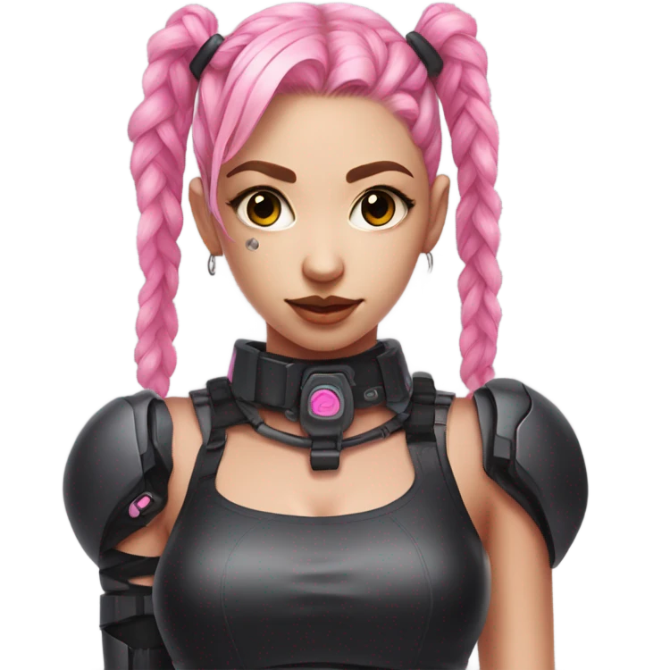 cyborg girl, pink twintails, cyberpunk, black collar, black crop top emoji
