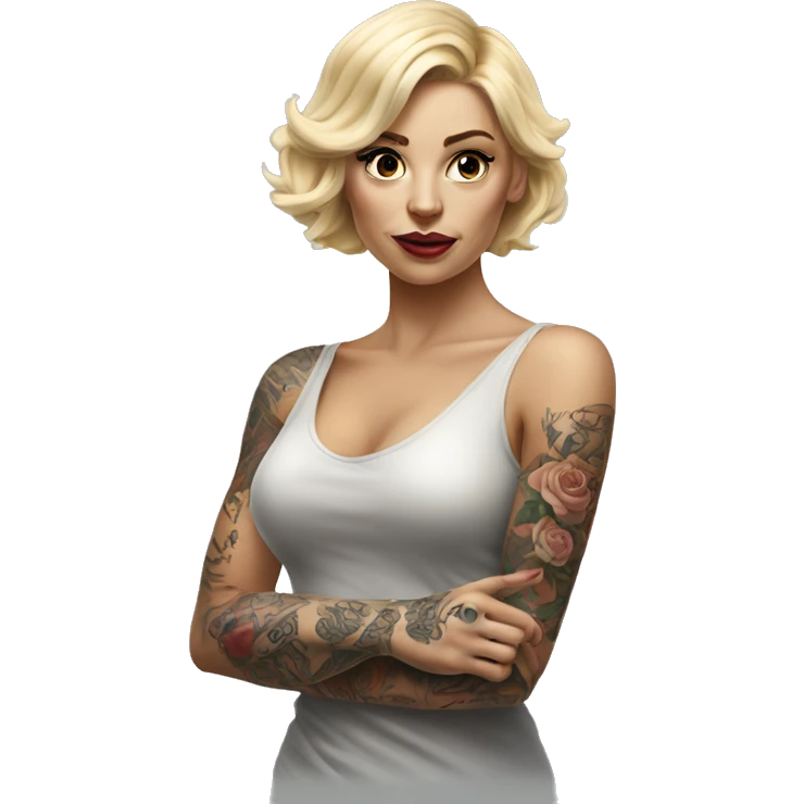 Blonde elegant women, her Body Covered with Tattoos, POINTING to YOU FORWARD with her ONE HAND , Hyper realistic emoji