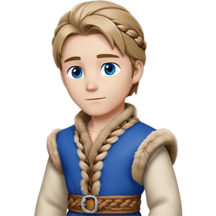 Medieval winter outfit worn by a DnD themed fantasy male character. Double-thick russet wool tunic with mink fur trim, featuring carved wooden toggles and a wide braided leather belt. Clothes only above the waist, full waist coverage. The character has no arms. Character is white-skinned with dark blonde hair, sapphire blue eyes, and medium-length straight hair touched by winter frost. emoji