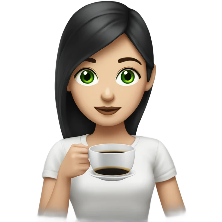 A white girl with black hair, green eyes, and a cup of black coffee in sus manos  emoji