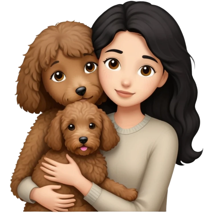 a girl with medium long black hair, hugging a little brown coated labradoodle. emoji