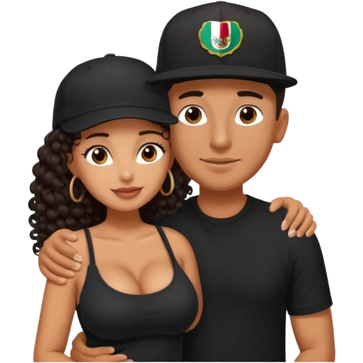 A picture of an embracing tanned couple. the man is a Mexican man with tanned skin, with a bald hair cut wearing a SnapBack hat and a black shirt. the woman wea, with long curly dark brown hair and with big boobs.  emoji