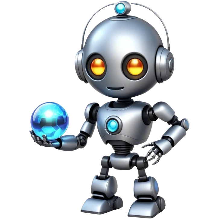 a cute robot holds a magic ball emoji