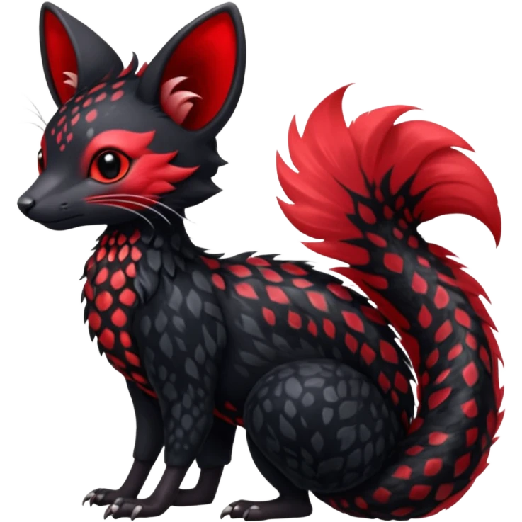 Feral Rare Fantasy shiny soft fuzzy furry vibrant tropical obsidian-black and crimson-red Vernid-Trico-species-creature by LiLaiRa, random markings, tufted tail, tufted ears, full body with markings emoji