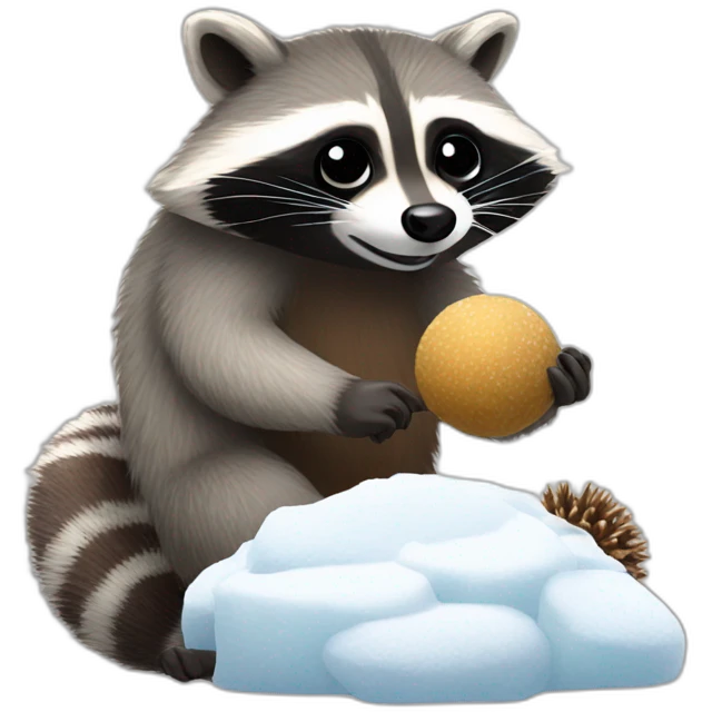 raccoon making snowballs with hedgehog eating meat on it  emoji