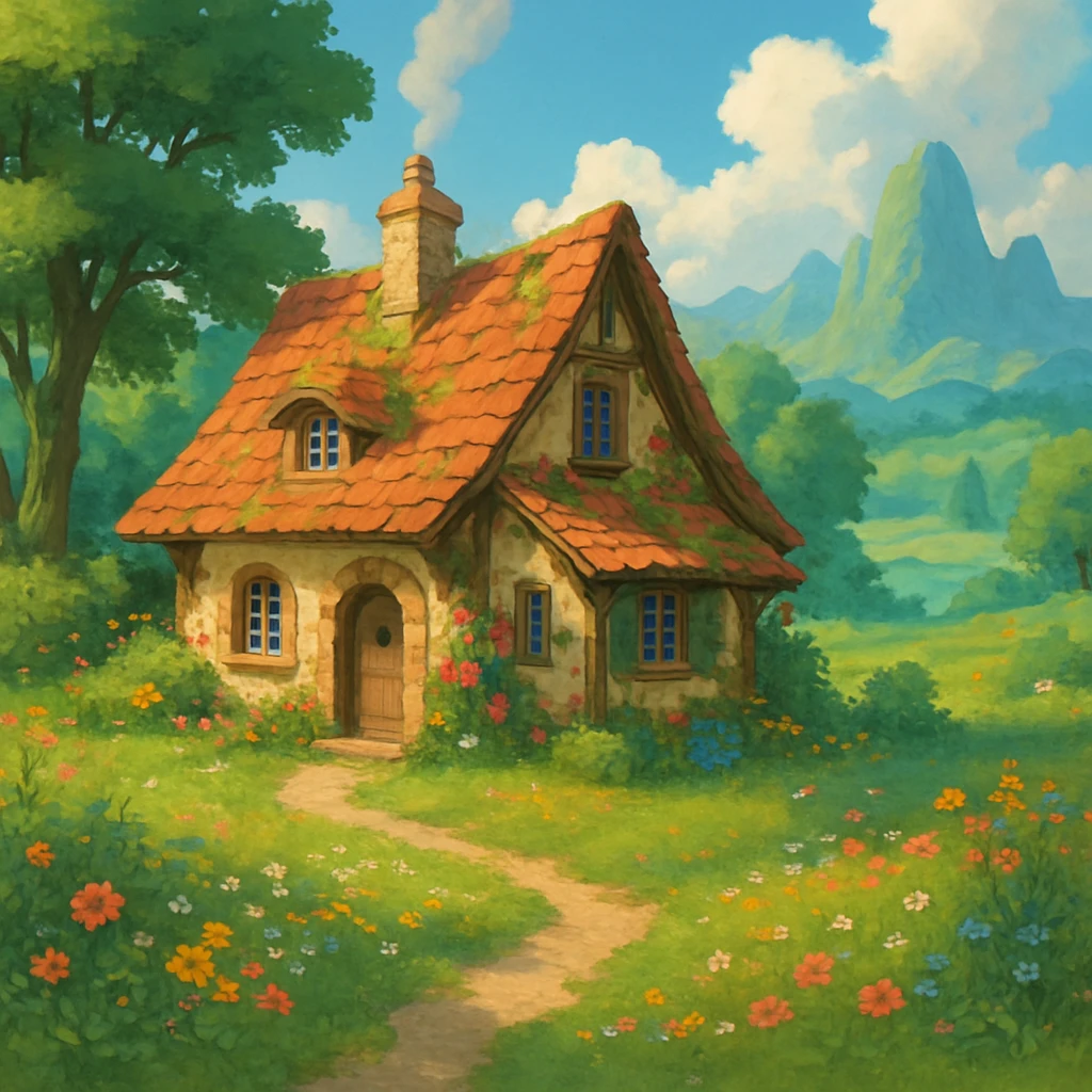 a cozy cottage in a magical landscape, Ghibli style emoji